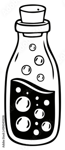 Black and White Glass Bottle with Bubbles and Liquid inside