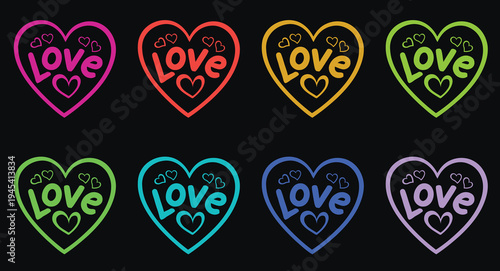 A colorful illustration of neon hearts with the word love on a black background