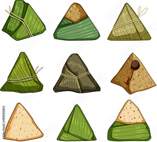 Triangle shaped zongzi rice dumplings, some wrapped in green bamboo leaves and others partially revealing their nutty or steamed glutinous rice filling, representing asian culinary tradition