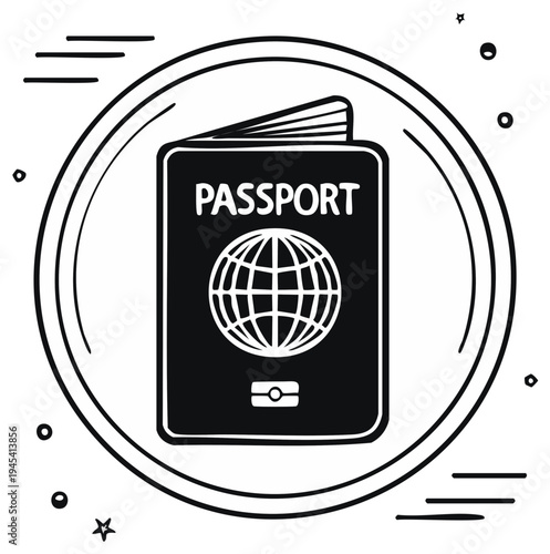 Stylized Black and White Illustration of an Open Passport with a Globe Emblem Inside a Circular Border, Symbolizing Travel and Global Exploration