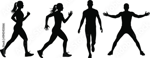 running athletes silhouettes set, men and women jogging fitness poses collection, sport training runner vector illustration isolated background