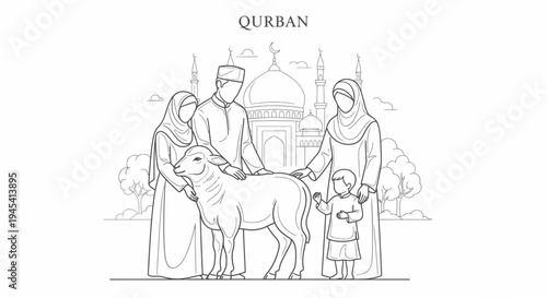 Muslim Family with Lamb for Qurban Eid al-Adha Celebration, Outline Drawing for Religious Holiday Illustration or Coloring Book