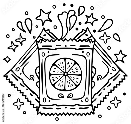 Fun cartoon illustration of a citrus fruit packaged in a wrapper with stars and decorative elements.