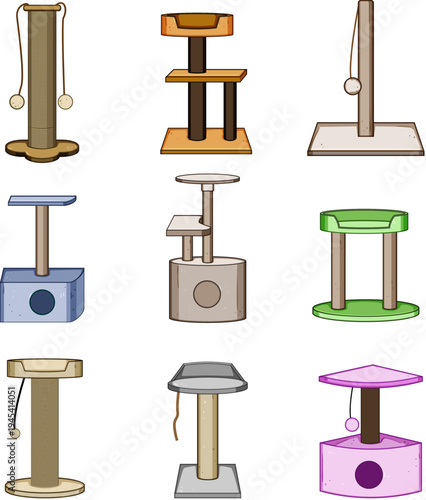 Cat scratching posts and trees in a varied collection, offering different styles, platforms, hideaways, and toys, illustrating essential feline furniture and pet accessories for play and comfort