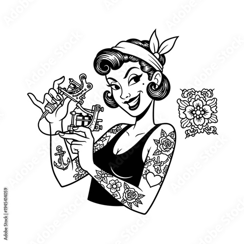 Retro Pin-Up Tattoo Artist Woman Holding Machine.