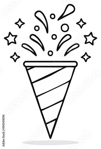 Festive line drawing of a party popper bursting with celebratory confetti and sparkling stars