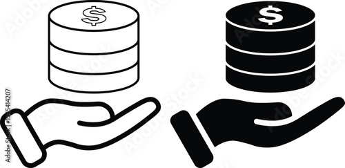 A graphic illustration of hands holding stacks of money in black and white.