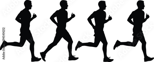 running man silhouettes sequence, male athlete jogging poses collection, sport fitness runner motion vector illustration isolated background