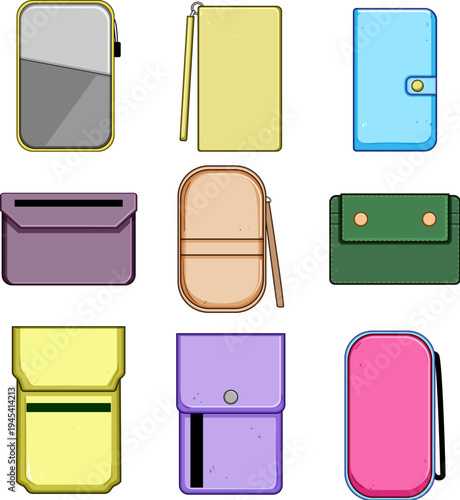 Different travel wallets, clutch bags, and small pouches presenting various designs, styles, and colors, representing organization, fashion, and personal accessories collection