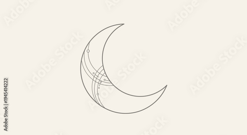 Elegant minimalist line art crescent moon illustration with abstract celestial patterns on a light background.