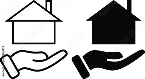 A graphic illustration of hands holding houses in black and white.