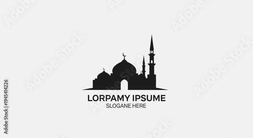 Elegant black mosque silhouette icon, Islamic architecture logo template on white. Modern spiritual building symbol for religion and culture design.