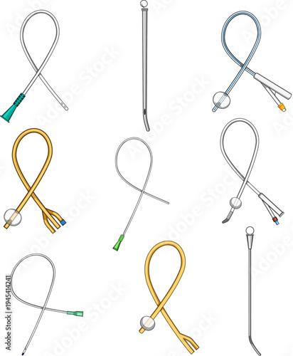 Set of different types of medical catheters and accessories used for urological procedures, including foley catheters, intermittent catheters, and introducers, presenting various designs and colors