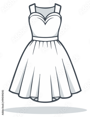 Elegant white dress illustration with sweetheart neckline and pleated A line skirt perfect for special occasions