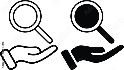 A graphic illustration of two hands holding magnifying glasses in black and white.