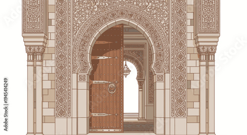 Detailed vector illustration of a traditional Moorish archway featuring intricate geometric patterns and a slightly open wooden door.