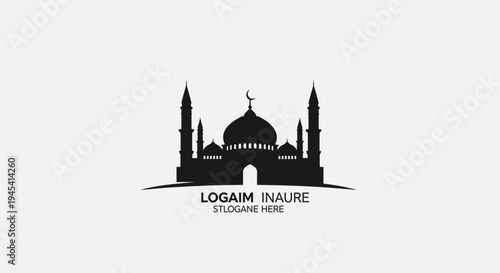 Elegant Mosque Silhouette Vector Graphic with Minarets, Dome, and Crescent Moon Symbol on White Background