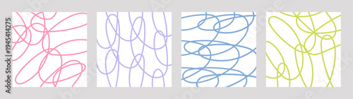 Set of abstract scribble line poster. Patterns with colorful hand drawn curves. Minimal doodle backgrounds with flowing tangled lines modern textures for wallpaper, textile, wrapping design