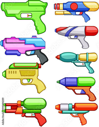 Various brightly colored water pistols and blasters creating a fun, playful atmosphere, representing childhood leisure, outdoor recreational activities, and summer enjoyment