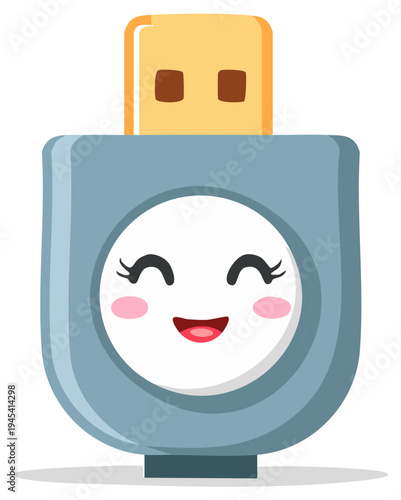 Cute happy smiling USB flash drive cartoon character data storage technology illustration