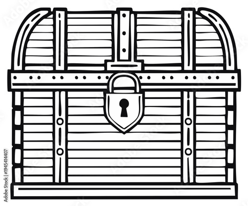 Vintage Wooden Treasure Chest with Padlock and Metal Straps Detailed Outline Illustration