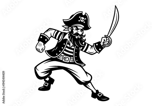 Pirate mascot with sword in black and white illustration.