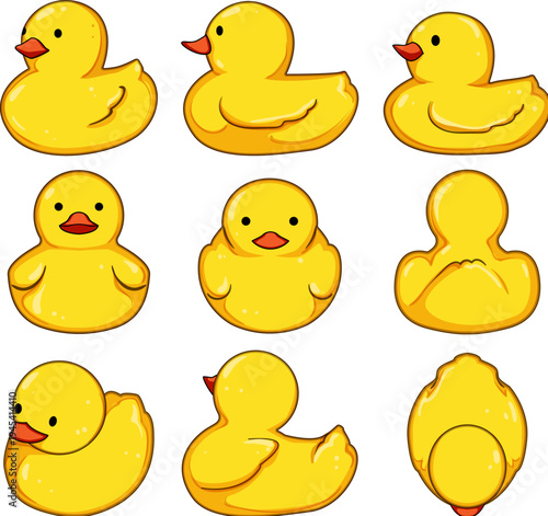 Yellow rubber ducks illustrating playful toys, representing childhood innocence, bath time fun, and hygiene with a clean, simple vector graphic design