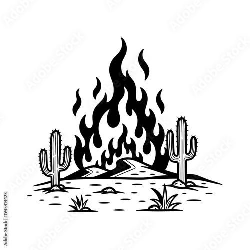 Desert Wildfire with Cacti and Flames Black and White Illustration.