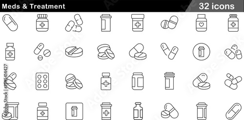 Meds and Treatment Thin Line Icons Set Pharmaceutical Pills, Medical Capsules, Medicine Bottles, Prescription Packaging and Pharmacy Symbols for Healthcare