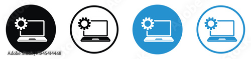 Professional icon set of a laptop with a gear or cogwheel on the screen. Represents technical support, system preferences, software configuration, and computer repair services in vector format.