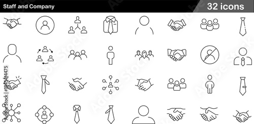 Staff and Company Thin Line Icons Set Human Resources, Corporate Hierarchy, Professional Partnerships, Teamwork and Business Attire Symbols for HR