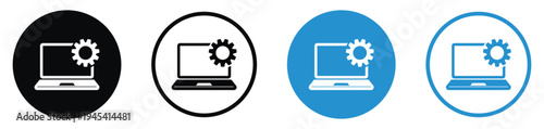 Professional icon set of a laptop with a gear or cogwheel on the screen. Represents technical support, system preferences, software configuration, and computer repair services in vector format.