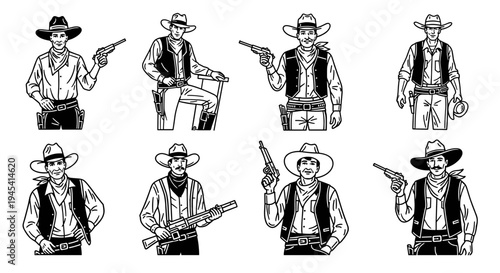 Collection of Hand-Drawn Cowboy Illustrations with Various Poses and Weapons.