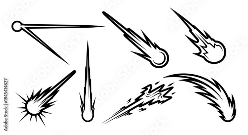 Set of various comet and meteor icons in outline style.