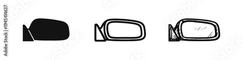 Car Side Mirror Icons Set. Automotive Rearview Mirror Symbols. Vehicle Exterior Accessory Collection.