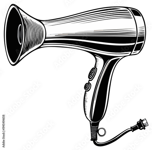Detailed Black and White Illustration of Hair Dryer for Adobe Stock