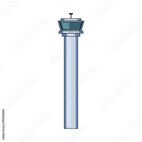 Airport control tower illustration overseeing flight movements, communications and guidance for safe modern aviation operations, navigation and airport management on white background