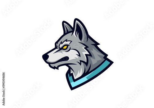 Intense Gray Wolf Head Mascot Logo with Yellow Eyes and Blue Collar.
