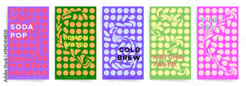 Abstract Beverage Packaging Poster Template Set. Modern Retro Vector Covers with Dots, Swirls and Bold Typography
