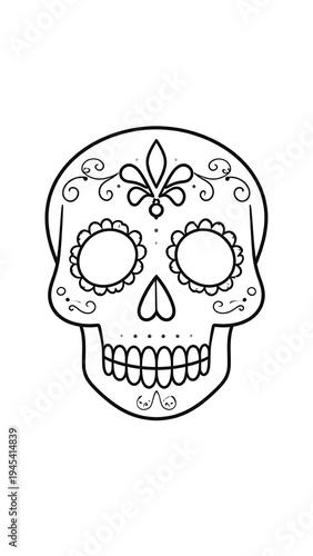 A black and white illustration of a stylized skull, decorated with floral patterns, reminiscent of Day of the Dead art
