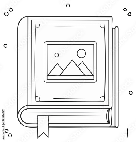 Line art book with landscape picture, bookmark, circles, squares, cross, geometric shapes