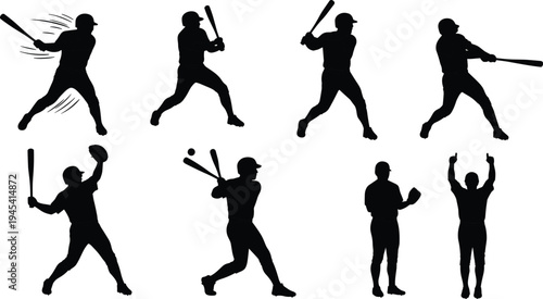 Silhouettes of baseball players in action, including swinging the bat, batting poses, and celebrating a hit, isolated on a white background