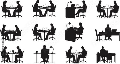 Silhouettes of business people and employees working on laptops, collaborating, and communicating in a professional office setting