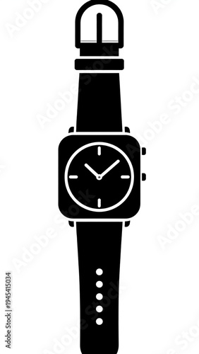 A black and white illustration of a wristwatch featuring a square face, hands indicating time, and a leather band. The buckle is visible