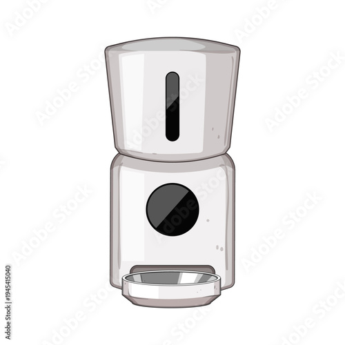 Automatic pet feeder dispensing measured portions into a bowl, illustrating smart home convenience, timed feeding, portion control and modern pet care for busy owners