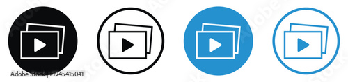 Minimalist video play button icons within a rectangular screen frame. Versatile set in blue and black for media streaming, digital content, cinema, online tutorials, and video marketing assets.