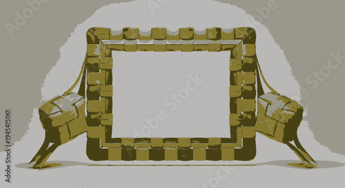 Majestic golden castle-like frame with crenellated battlements and empty square placeholder, regal medieval design template
