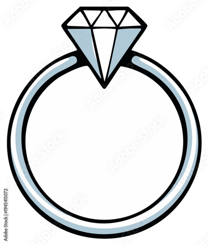 Diamond ring graphic. Jewelry symbol vector illustration. Engagement or marriage proposal sign. Gemstone on metallic band icon design.