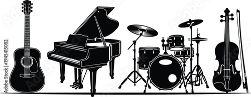 Musical instruments silhouette set featuring guitar, grand piano, drum kit and violin, classic orchestra music vector illustration collection