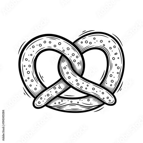 Hand-drawn pretzel illustration with salt, a classic baked snack.
